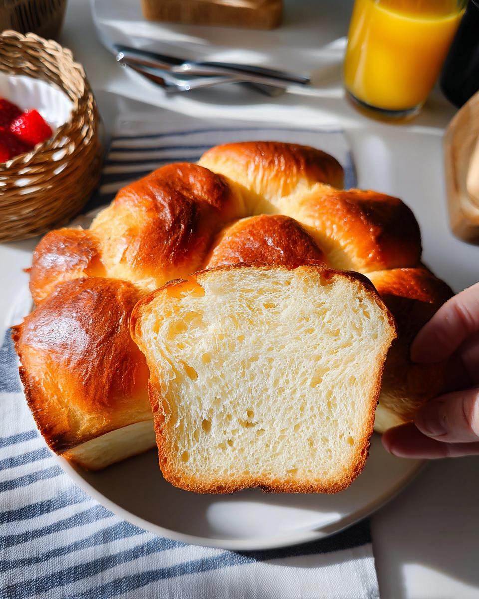 Aufgeschnittenes, goldbraun gebackenes Süßes Brioche für Kinderfrühstück auf einem Teller.