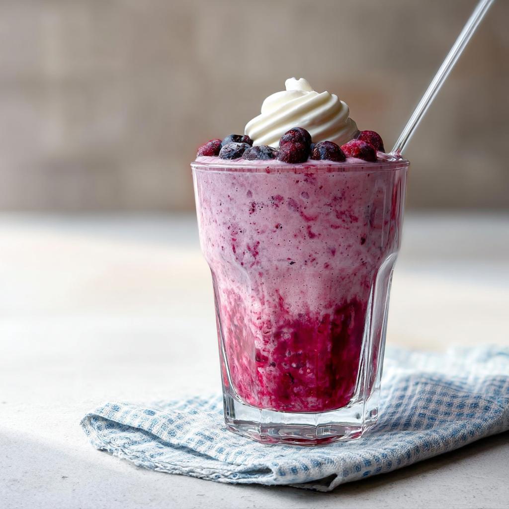 Ein hohes Glas mit einem cremigen, lila Süßer Beeren-Smoothie mit Joghurt, garniert mit Schlagsahne und Beeren.