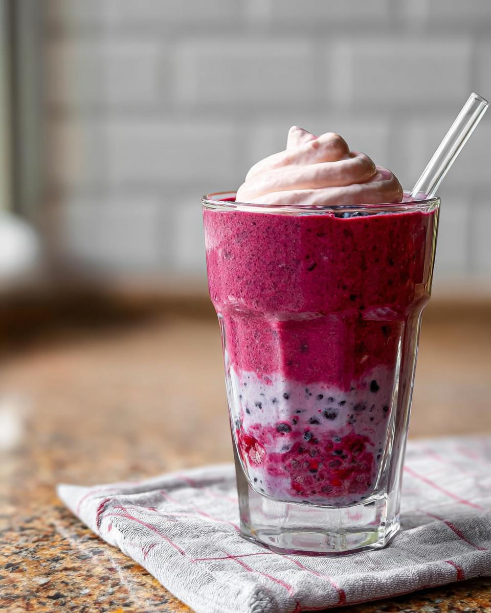 Ein hohes Glas mit einem geschichteten Süßer Beeren-Smoothie mit Joghurt, gekrönt mit Sahne und einem Strohhalm.