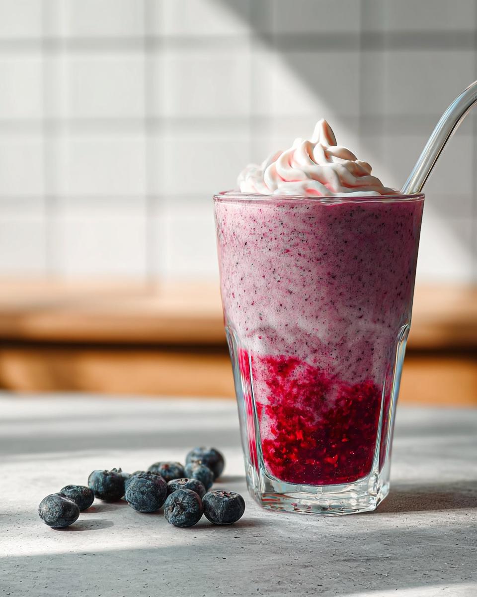 Ein Glas mit einem lila Süßer Beeren-Smoothie mit Joghurt, garniert mit Schlagsahne und frischen Blaubeeren daneben.