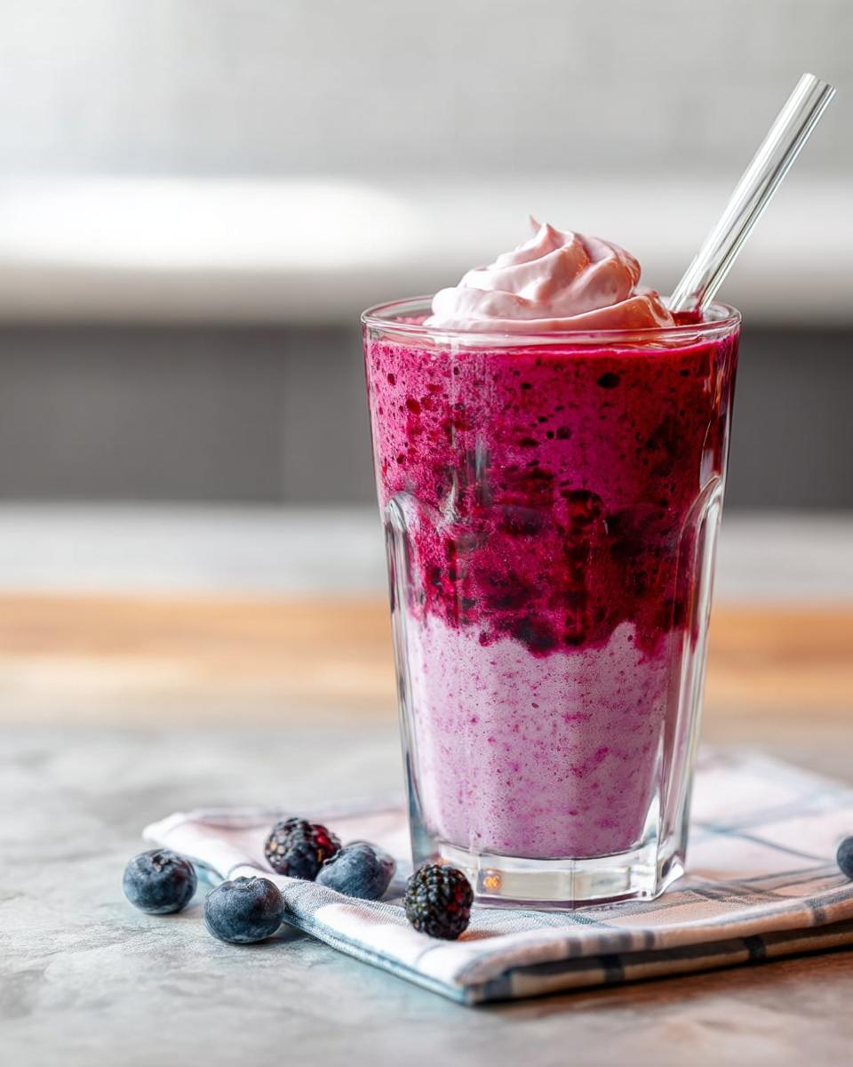 Ein hohes Glas mit einem zweischichtigen, lila Süßer Beeren-Smoothie mit Joghurt, gekrönt mit Sahne und einem Strohhalm.