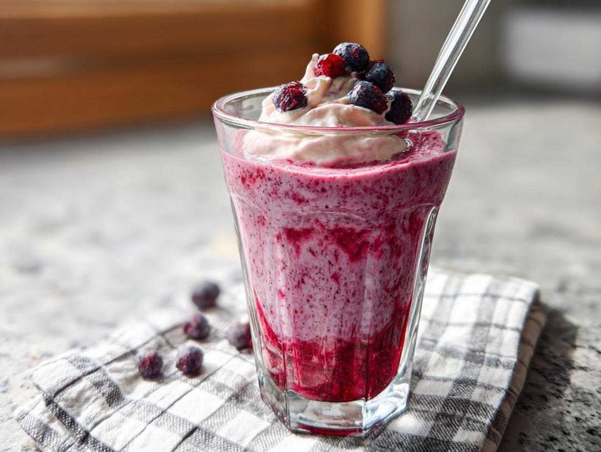 Ein hohes Glas mit einem dicken, violetten Süßer Beeren-Smoothie mit Joghurt, garniert mit Sahne und frischen Beeren.