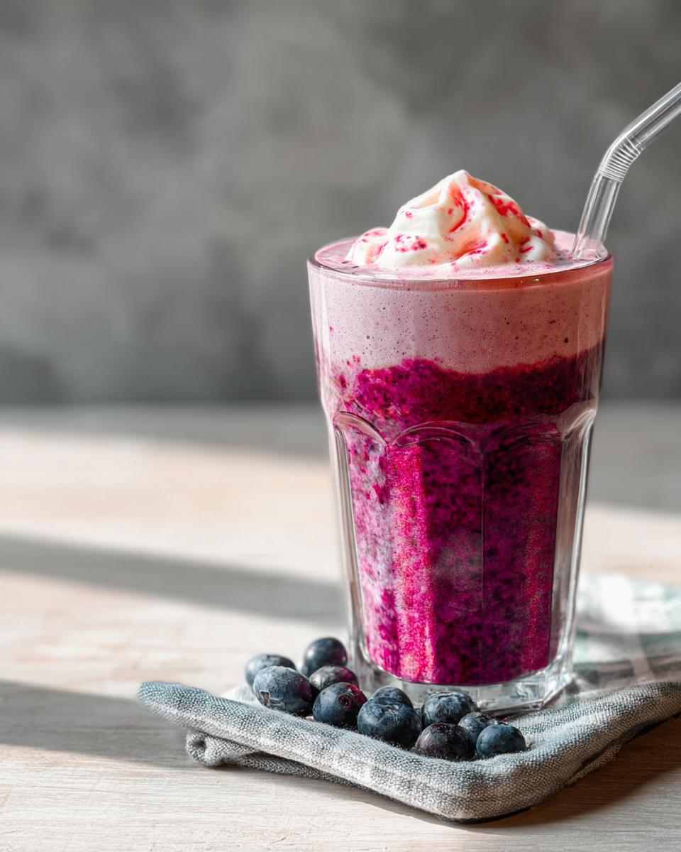 Ein hohes Glas mit einem leuchtend pinken und violetten Süßer Beeren-Smoothie mit Joghurt, gekrönt mit Sahne und Blaubeeren.
