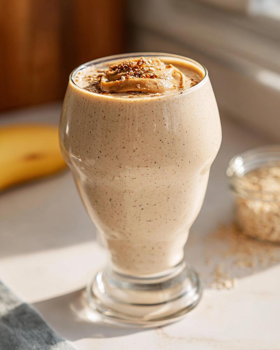 Ein dickflüssiger, cremiger Süßer Frühstücks-Smoothie mit Banane, gekrönt mit Erdnussbutter und Streuseln.