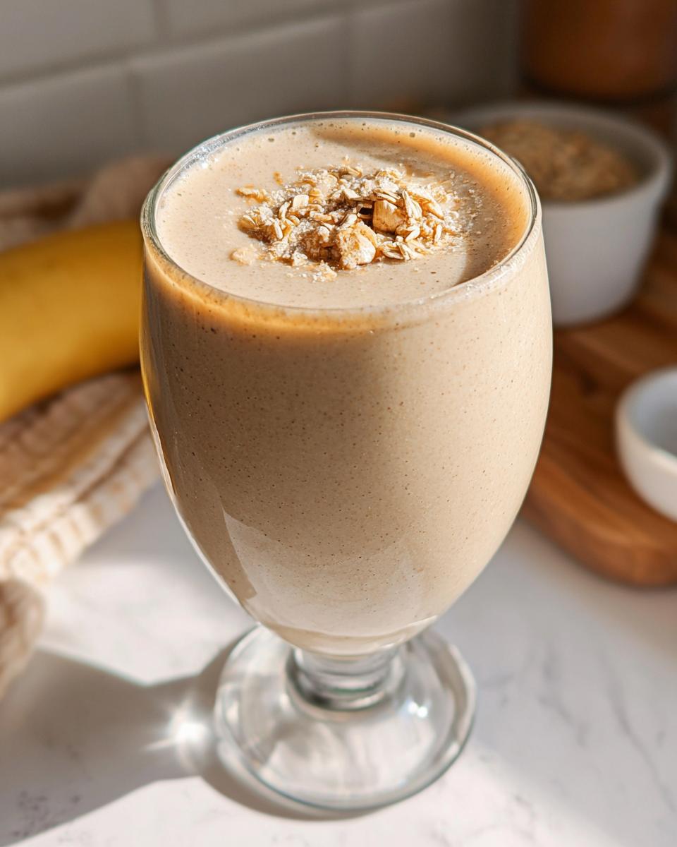 Ein cremiger Süßer Frühstücks-Smoothie mit Banane, garniert mit Haferflocken in einem Glas.