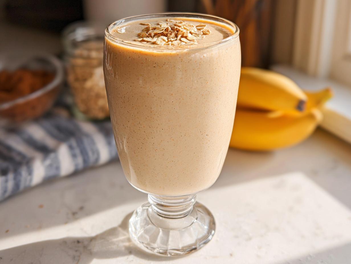 Ein cremiger Süßer Frühstücks-Smoothie mit Banane, garniert mit Haferflocken, im Glas.
