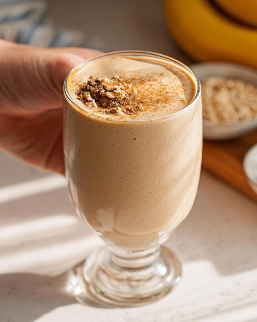 Eine Hand hält ein Glas mit einem cremigen, braunen Süßer Frühstücks-Smoothie mit Banane, garniert mit Haferflocken und Zimt.