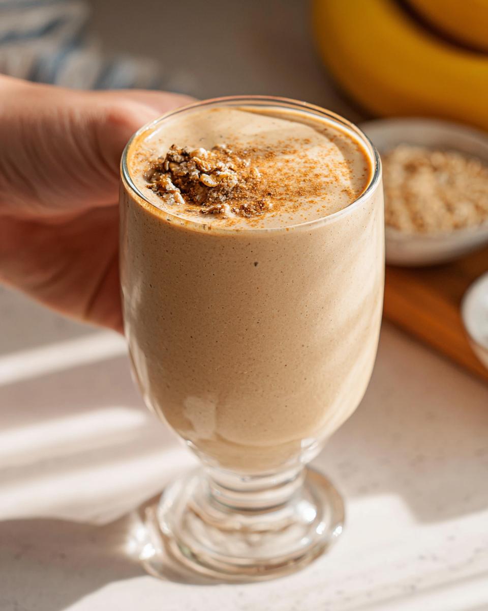 Eine Hand hält ein Glas mit einem cremigen, braunen Süßer Frühstücks-Smoothie mit Banane, garniert mit Haferflocken und Zimt.