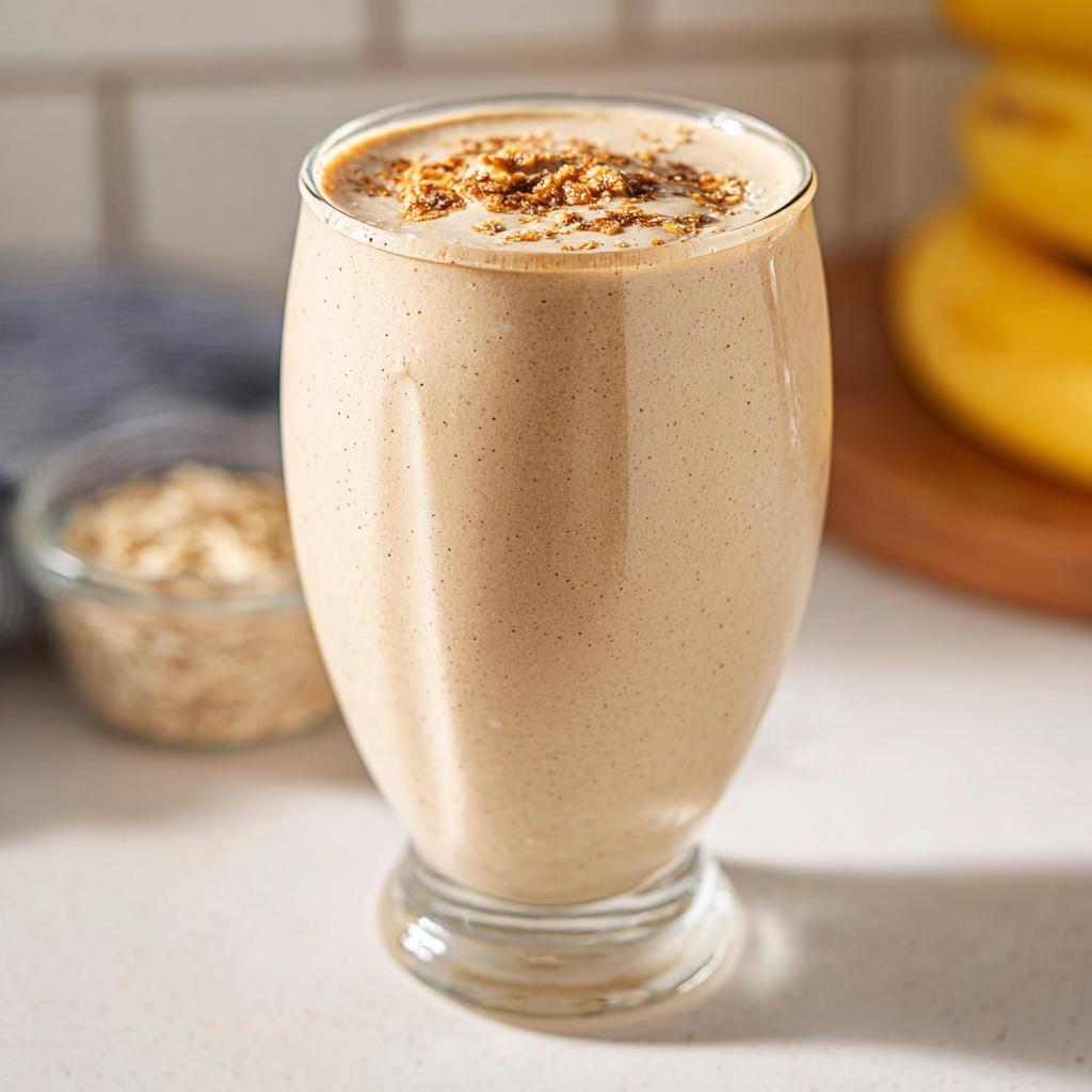 Ein cremiger, brauner Süßer Frühstücks-Smoothie mit Banane, garniert mit Streuseln, im Glas.