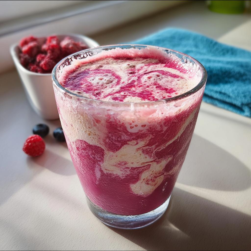 Ein Glas mit einem rosa-weißen, marmorierten Süßer Smoothie für den Morgen, garniert mit frischen Beeren.