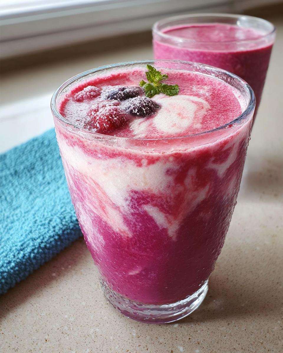 Nahaufnahme eines gläsernen Süßer Smoothie für den Morgen mit rosa Farbe, Joghurtwirbeln und gefrorenen Beeren.