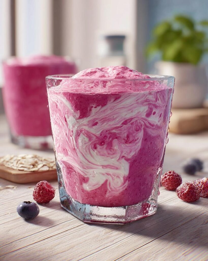 Nahaufnahme eines gläsernen Süßer Smoothie für den Morgen mit einem rosa-weißen Wirbelmuster, umgeben von Himbeeren und Blaubeeren.