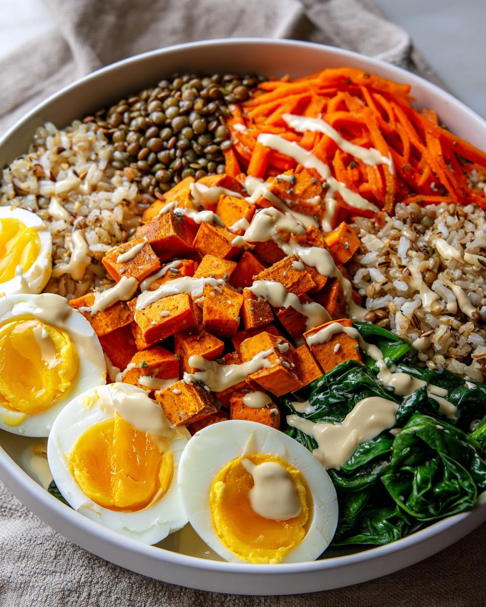 Nahaufnahme einer bunten Süßkartoffel Bowl für Clean Eating mit Süßkartoffelwürfeln, Eiern, Linsen und Dressing.