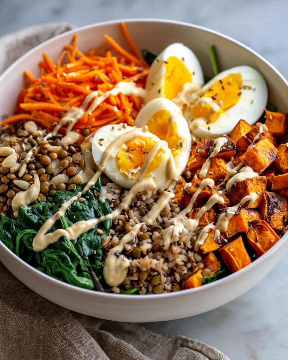 Nahaufnahme einer farbenfrohen Süßkartoffel Bowl für Clean Eating mit gerösteten Süßkartoffeln, Linsen, Spinat, geraspelten Karotten und weich gekochten Eiern.