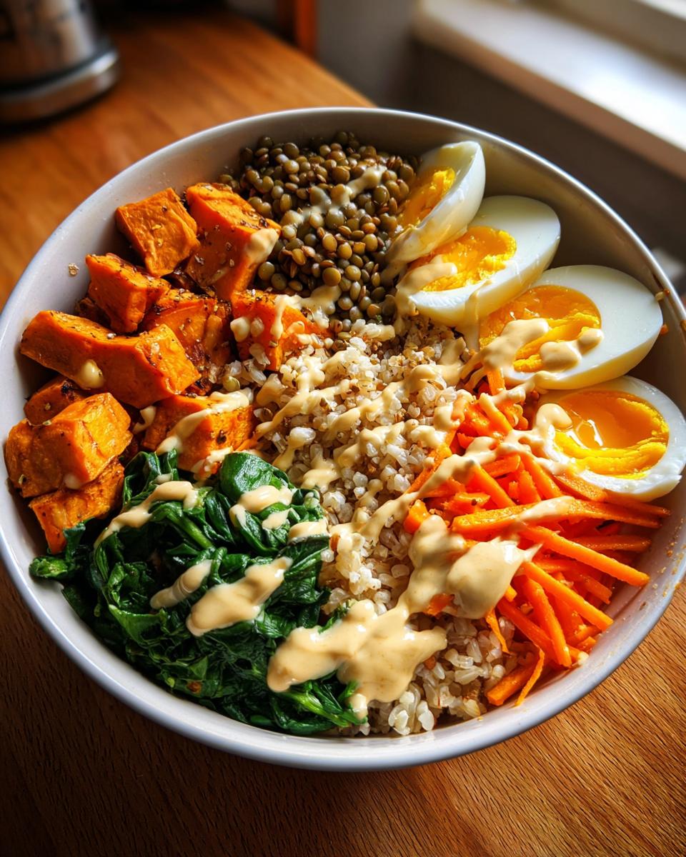 Eine farbenfrohe Süßkartoffel Bowl mit braunem Reis, Linsen, Spinat, Karottenstreifen, weich gekochten Eiern und cremiger Sauce.