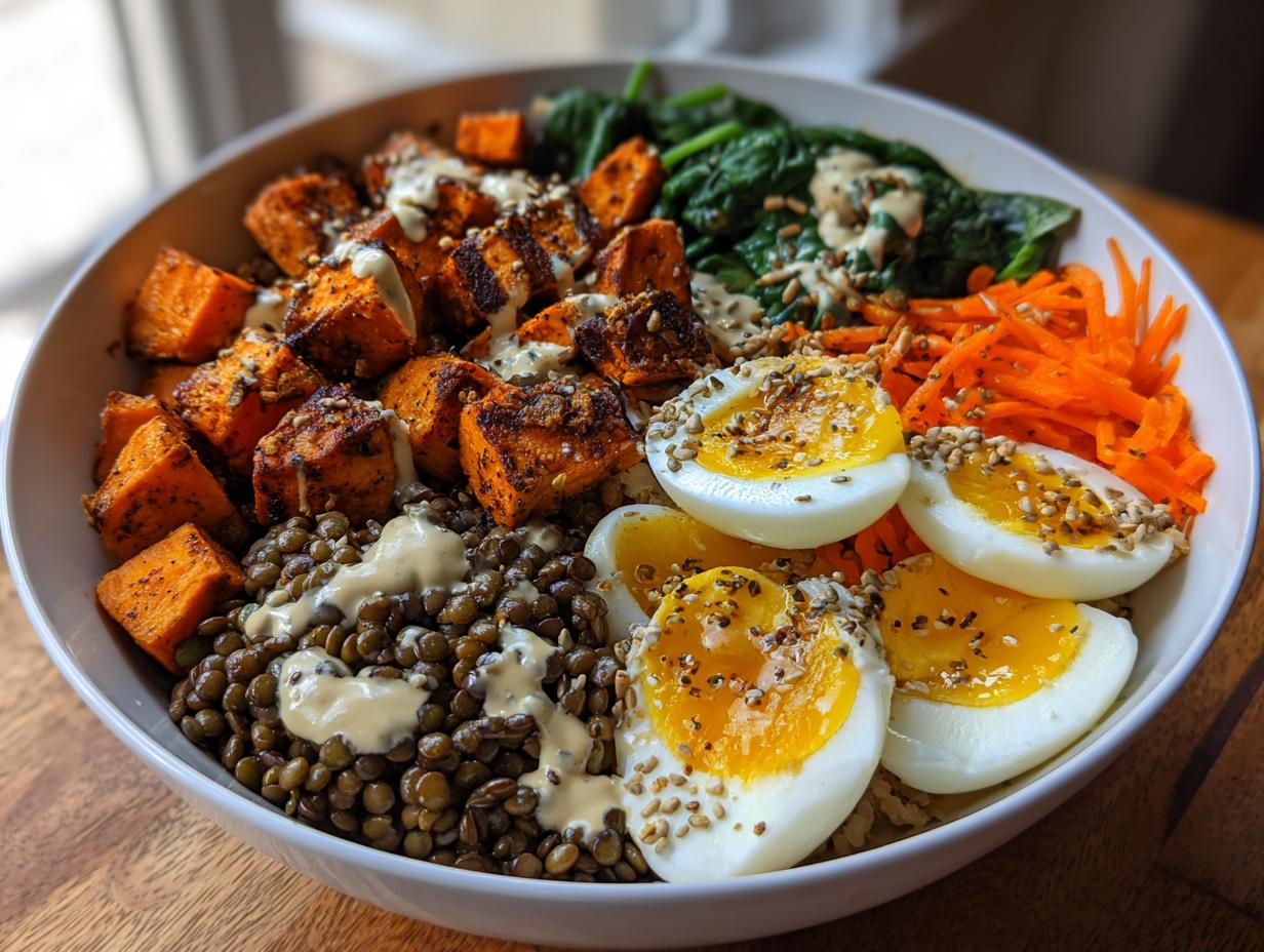 Nahaufnahme einer bunten Süßkartoffel Bowl mit Linsen, Eiern, Karotten und Spinat für Clean Eating.
