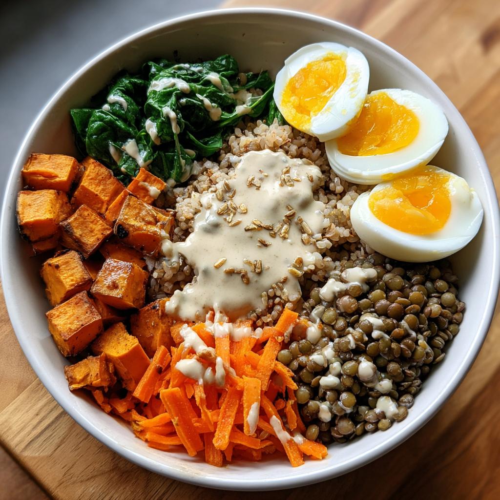 Nahaufnahme einer bunten Süßkartoffel Bowl für Clean Eating mit gerösteten Süßkartoffelwürfeln, Linsen, Spinat und weich gekochtem Ei.