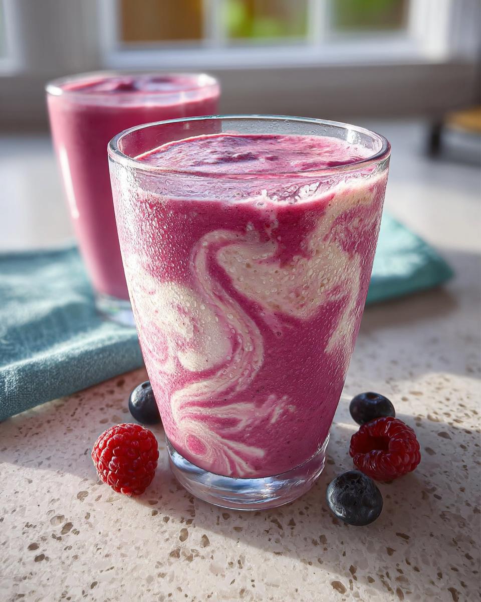 Nahaufnahme eines violetten und weißen Swirl-Smoothies, ein Süßer Smoothie für den Morgen, garniert mit Himbeeren und Blaubeeren.
