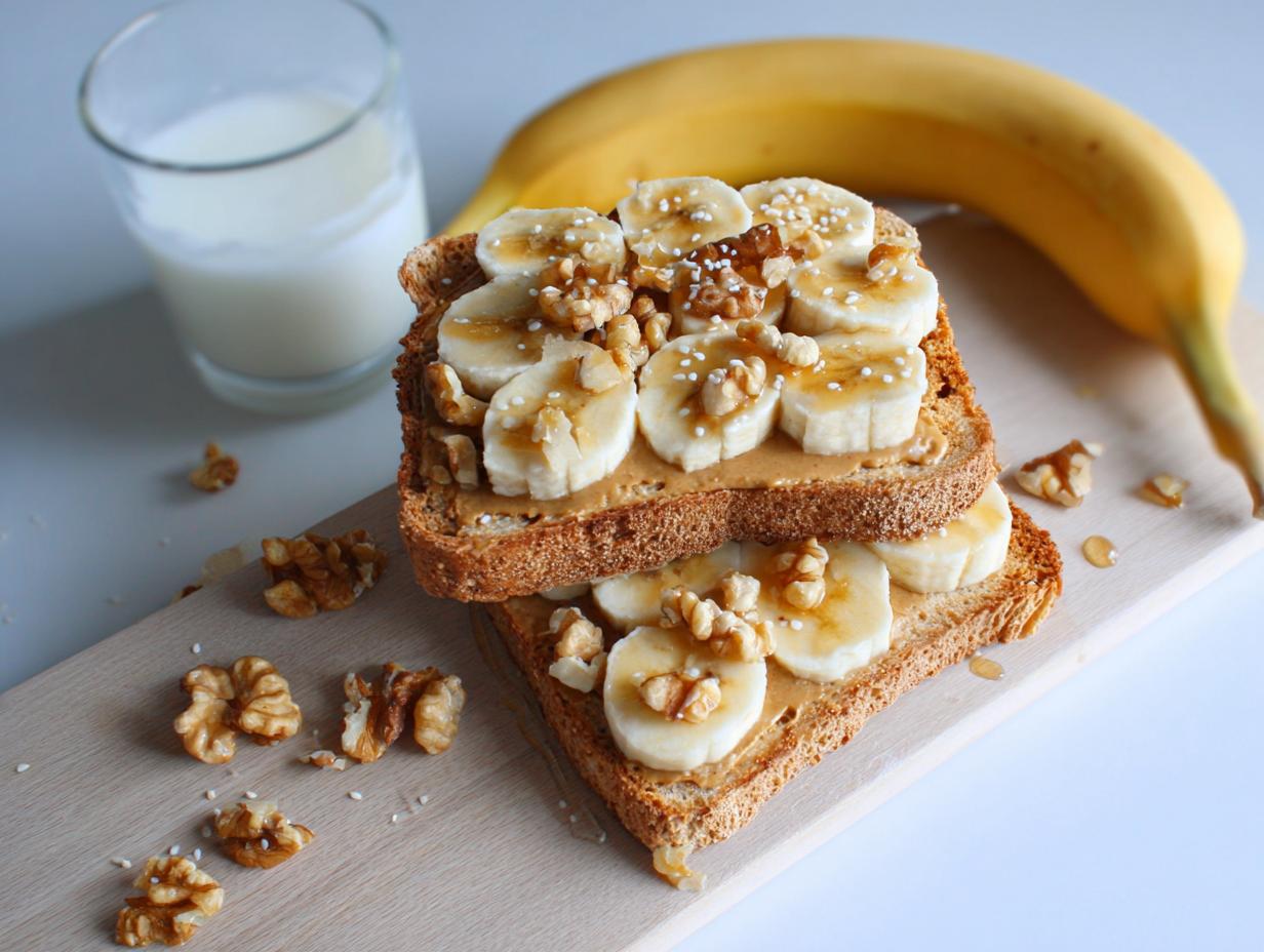 Zwei Scheiben Toast mit Erdnussbutter & Banane, garniert mit Walnüssen und Honig.