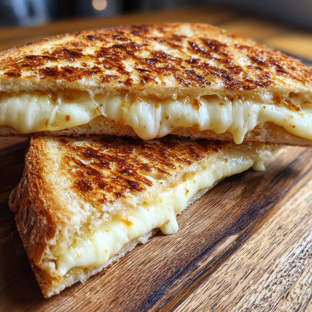 Zwei Hälften von goldbraun gegrilltem Tortilla-Knoblauchbrot aus dem Ofen mit viel geschmolzenem Käse.