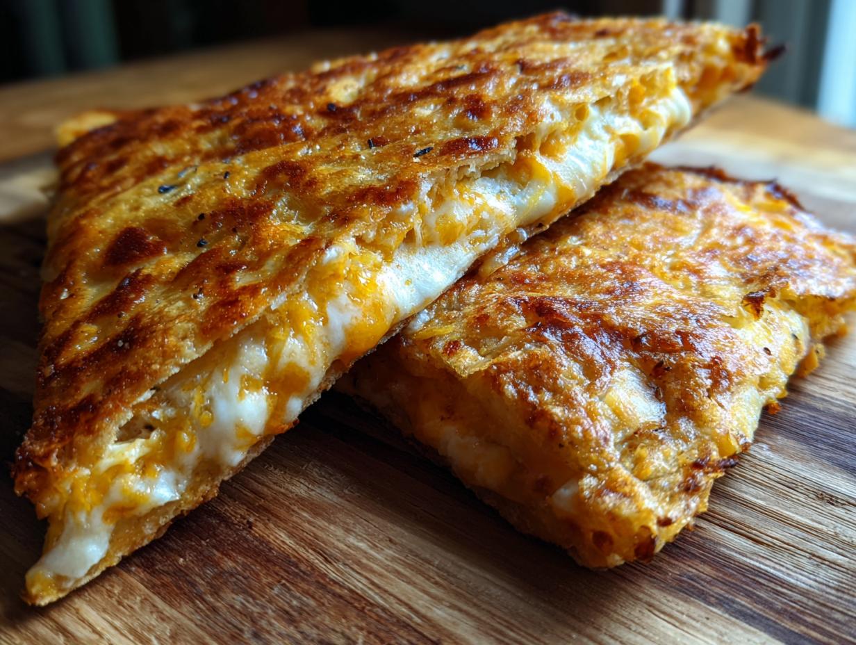 Zwei dreieckige Stücke überbackenes Tortilla-Knoblauchbrot aus dem Ofen mit geschmolzenem Käse.