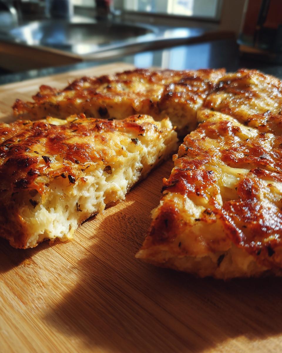 Aufgeschnittenes Tortilla-Knoblauchbrot aus dem Ofen mit goldbrauner Käsekruste auf einem Holzbrett.