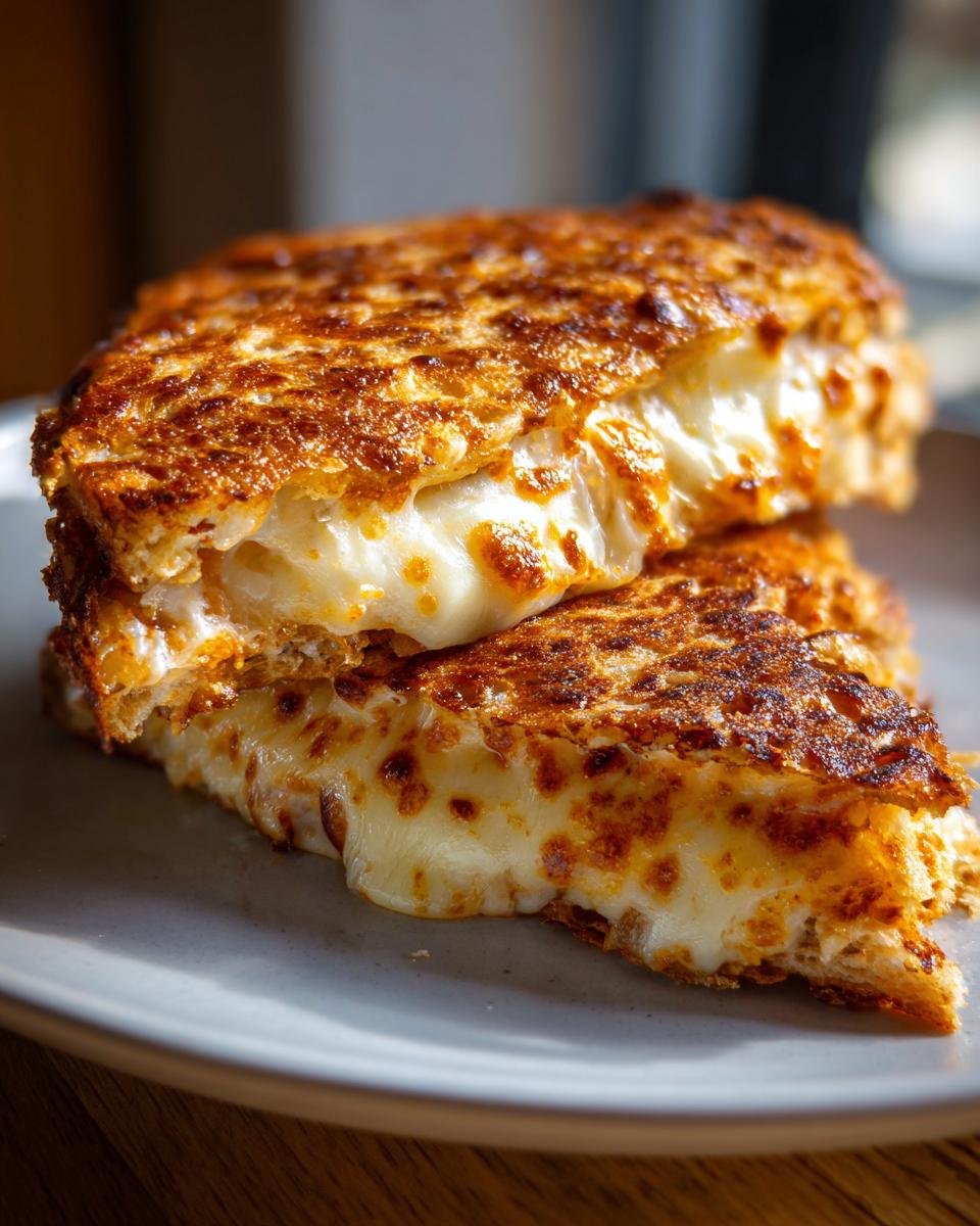 Zwei Hälften von gebackenem Tortilla-Knoblauchbrot aus dem Ofen mit reichlich geschmolzenem, goldbraunem Käse.