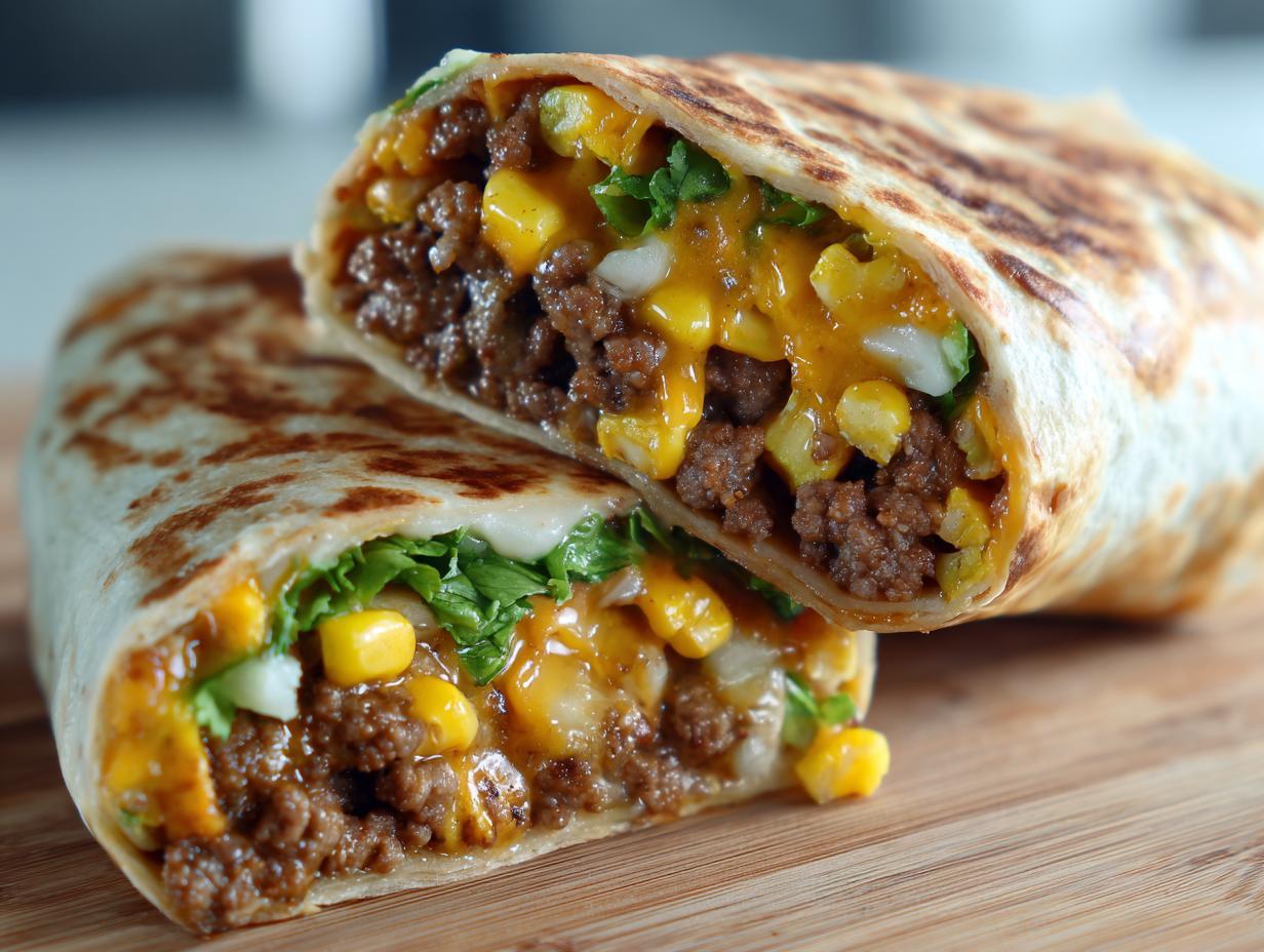 Zwei Hälften eines gegrillten Tortilla Wrap mit Hackfleisch, geschmolzenem Käse, Mais und Salat.