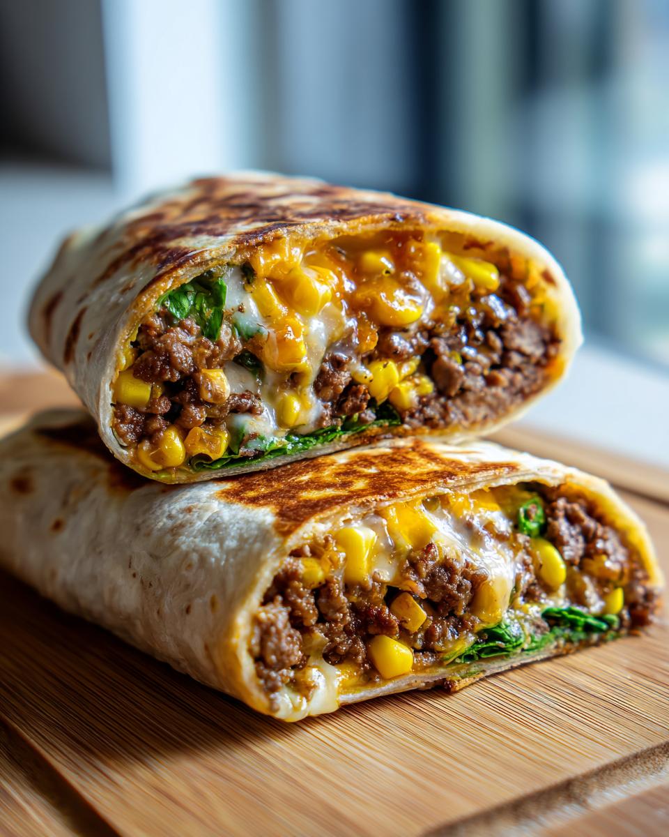 Zwei Hälften eines gegrillten Tortilla Wrap mit Hackfleisch, Mais und geschmolzenem Käse, bekannt als Tortilla Wrap mit Hackfleisch & Käse.