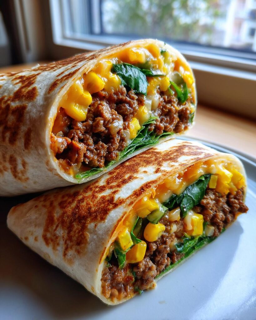 Aufgeschnittener Tortilla Wrap mit Hackfleisch, Käse, Mais und Spinat, perfekt gegrillt.