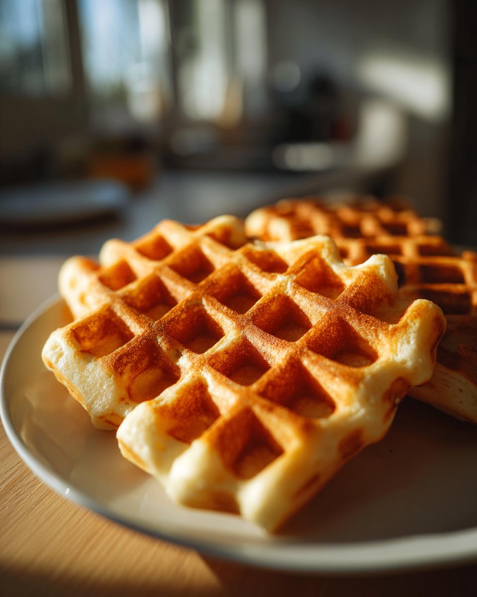 Frisch gebackene Waffeln, die das Ergebnis des Traditioneller Waffelteig ohne Schnickschnack sind, auf einem Teller.