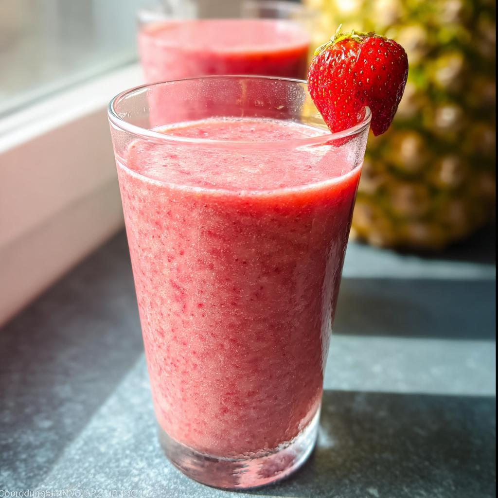 Nahaufnahme eines gläsernen Tropical Berry Smoothie mit Erdbeeren, garniert mit einer frischen Erdbeere.