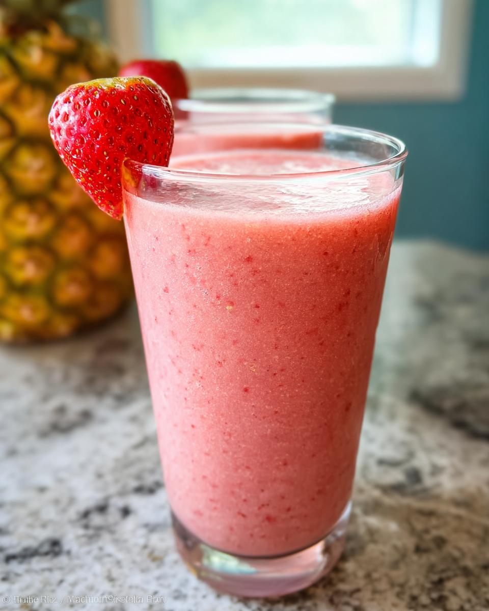 Nahaufnahme eines gläsernen Tropical Berry Smoothie mit Erdbeeren, garniert mit einer frischen Erdbeere.