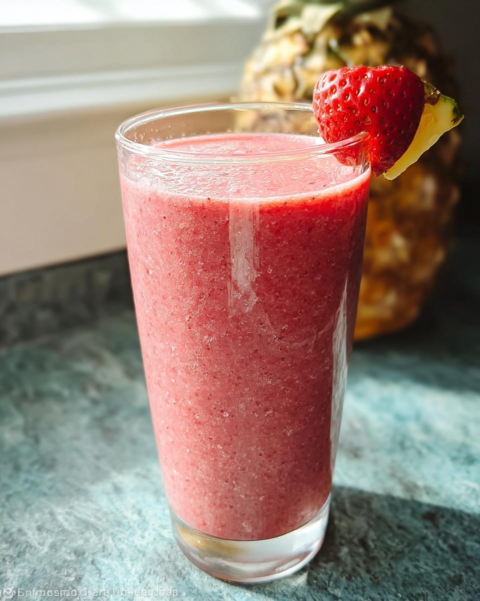 Ein Glas leuchtend roter Tropical Berry Smoothie mit Erdbeeren, garniert mit einer Erdbeere und Ananas.