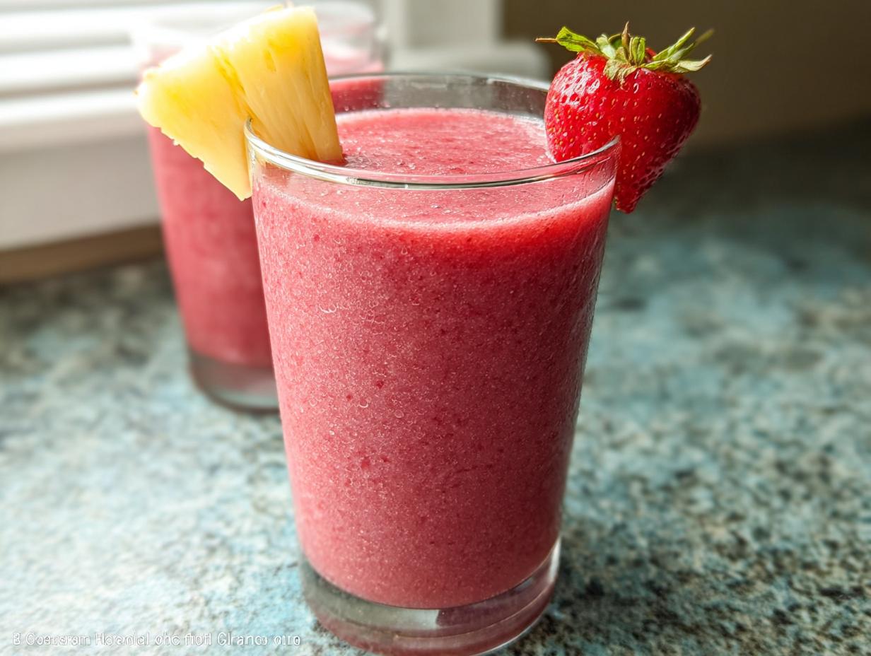 Nahaufnahme eines gläsernen Tropical Berry Smoothie mit Erdbeeren, garniert mit Erdbeere und Ananas.