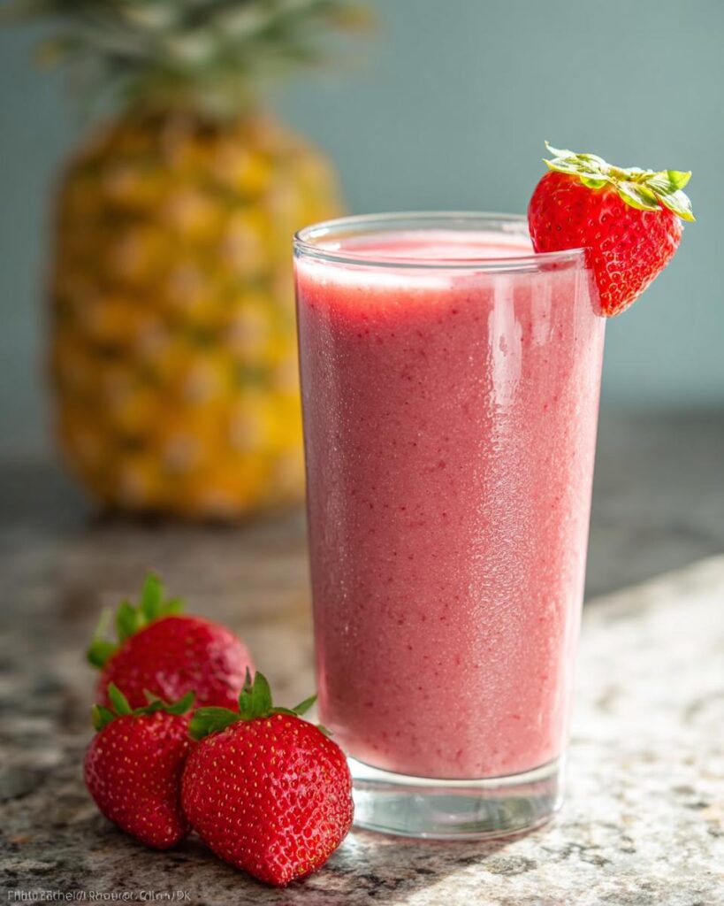 Ein Glas cremiger Tropical Berry Smoothie mit Erdbeeren, garniert mit einer Erdbeere, im Hintergrund eine Ananas.