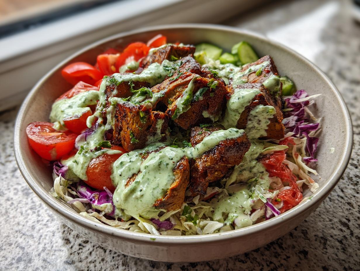 Nahaufnahme einer Vegane Kebab-Bowl mit mariniertem Seitan und hellem Kräuter-Dressing.
