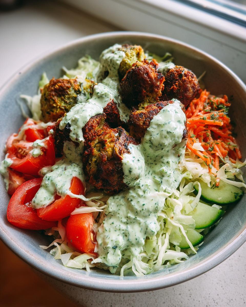 Eine Vegane Kebab-Bowl mit knusprigen Falafelbällchen, Krautsalat, Tomaten und viel Kräuter-Dressing.