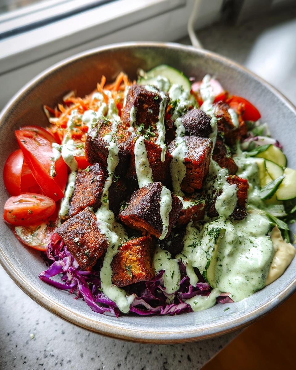 Nahaufnahme einer Vegane Kebab-Bowl mit gebratenen Tofuwürfeln und hellem Kräuter-Dressing.