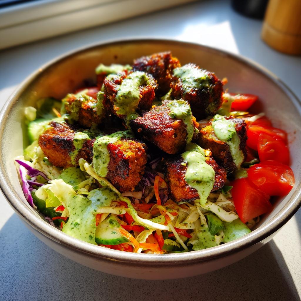 Nahaufnahme einer Vegane Kebab-Bowl mit gebratenen Seitanstücken und grünem Kräuter-Dressing auf Salat.