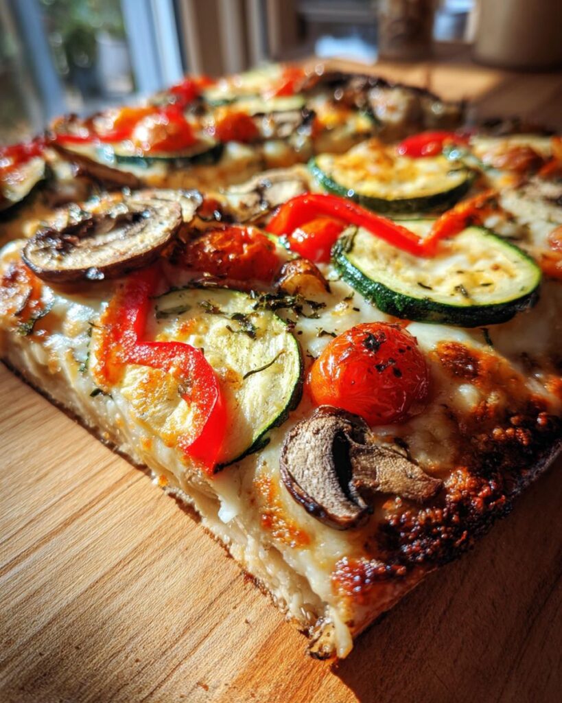 Nahaufnahme eines Stücks Vegetarische Ofenpizza mit Gemüse, belegt mit Zucchini, Pilzen und Kirschtomaten.