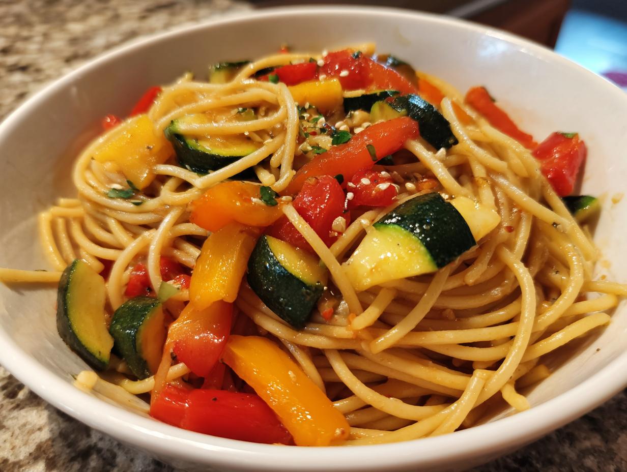 Nahaufnahme einer Schüssel mit Vegetarische Pasta mit Gemüsepfanne, Spaghetti mit Zucchini und Paprika.
