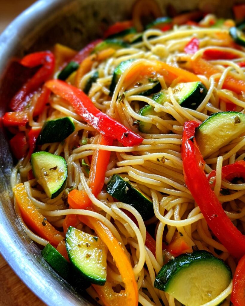 Nahaufnahme von leuchtender Vegetarische Pasta mit Gemüsepfanne, bestehend aus Spaghetti, Zucchini und Paprikastreifen.