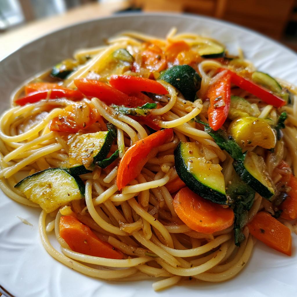 Teller mit köstlicher Vegetarische Pasta mit Gemüsepfanne, reich an Zucchini, Karotten und Paprika.