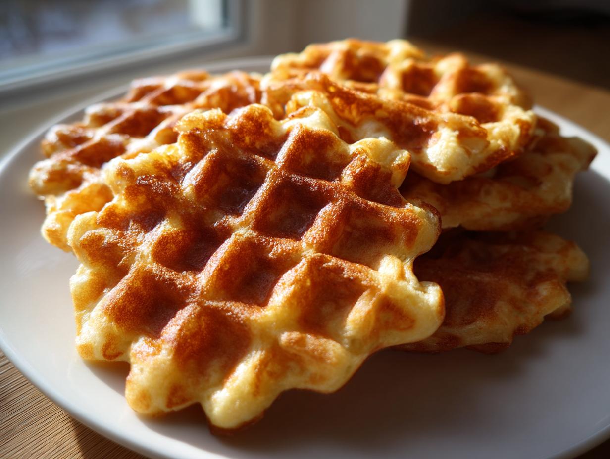 Stapel goldbrauner, frisch gebackener Waffeln für Kinder wie bei Oma auf einem weißen Teller.