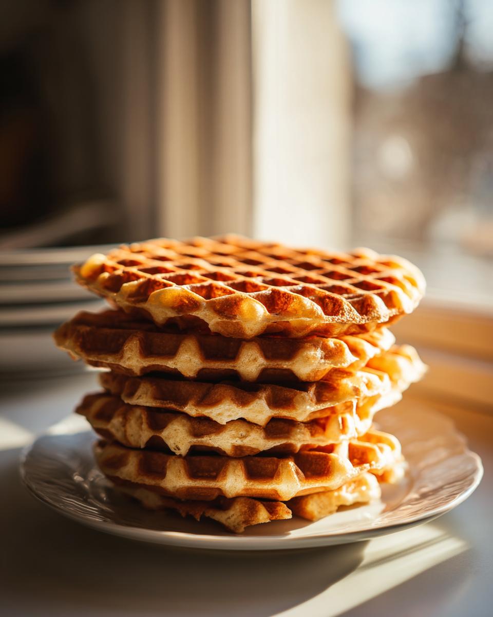 Ein Stapel goldbrauner Waffeln für Kinder wie bei Oma, appetitlich gestapelt auf einem weißen Teller im warmen Sonnenlicht.