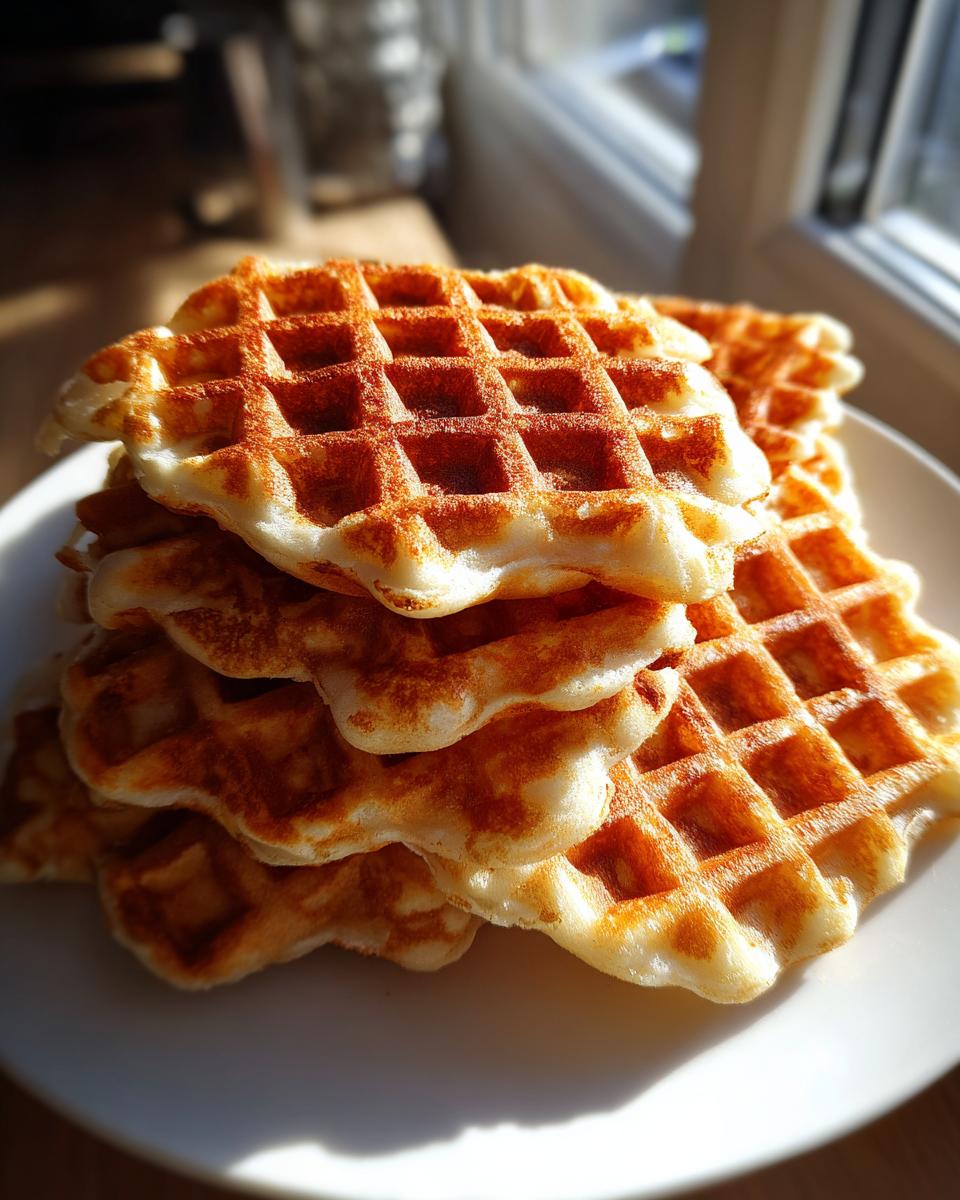 Stapel goldbrauner, frisch gebackener Waffeln für Kinder wie bei Oma auf einem weißen Teller.