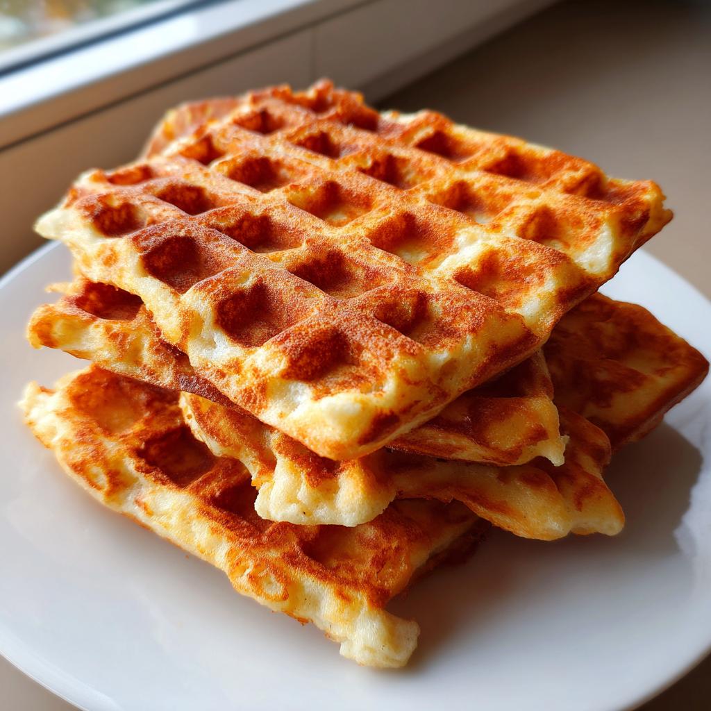 Stapel von vier goldbraunen, fluffigen Waffeln für Kinder wie bei Oma auf einem weißen Teller.