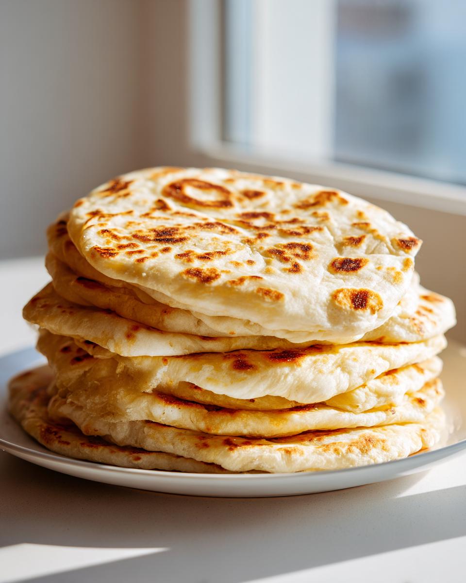 Stapel von frisch gebackenen, weichen Fladenbroten, ideal für Wrap-Teig einfach selber machen.
