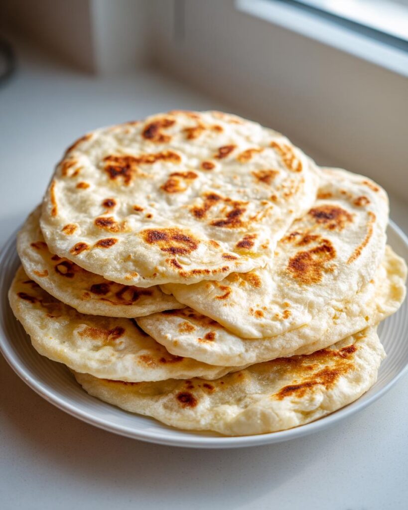 Stapel von frisch zubereitetem Wrap-Teig, der wie Fladenbrote mit braunen Flecken aussieht.